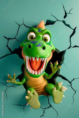 Cute cartoon colorful dinosaur break through 3d wal
