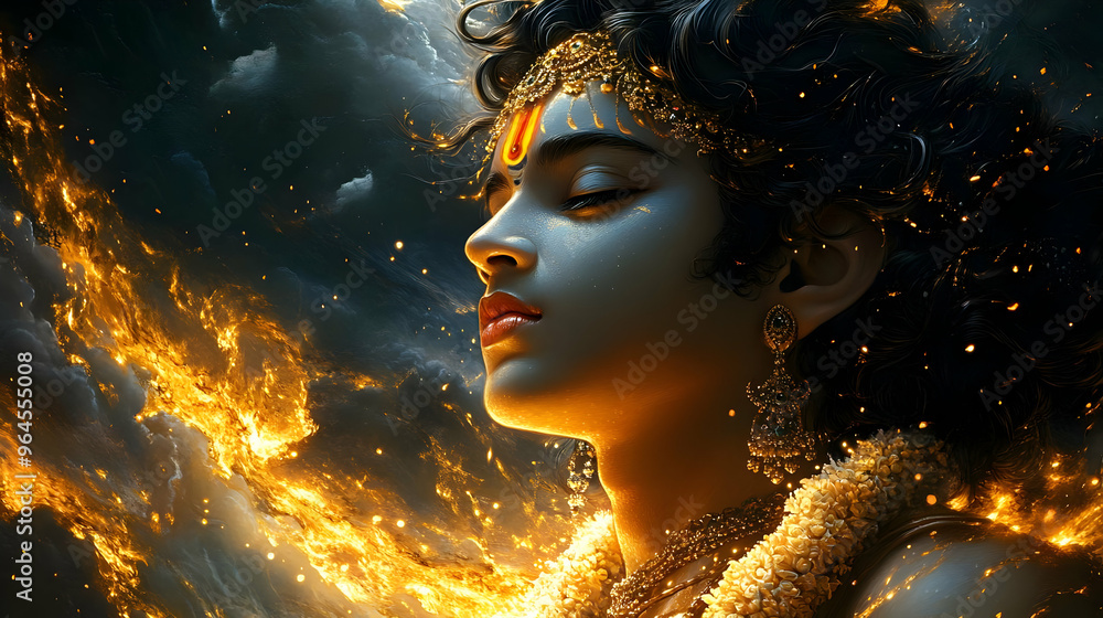 A serene figure adorned with jewelry, surrounded by flames, evoking a sense of divinity. A serene figure adorned with jewelry, surrounded by flames, evoking a sense of divinity.