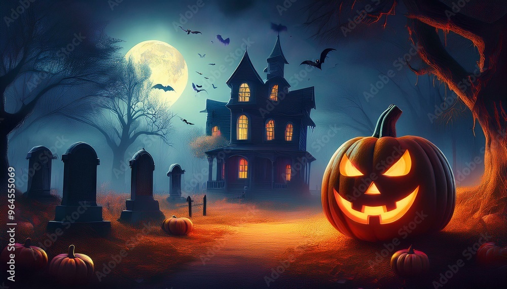 spooky Halloween atmosphere. In the middle of the background, there is a carved pumpkin with a scary face that glows orange, giving a mysterious feel. spooky Halloween atmosphere. In the middle of the background, there is a carved pumpkin with a scary face that glows orange, giving a mysterious feel.
