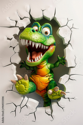 Cute cartoon colorful dinosaur break through 3d wal