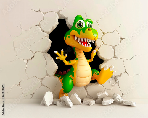 Cute cartoon colorful dinosaur break through 3d wal