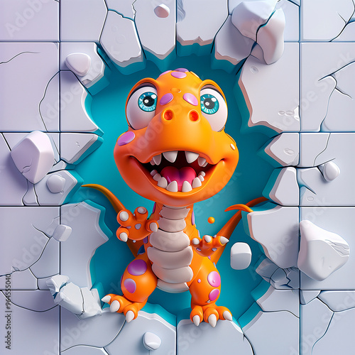 Cute cartoon colorful dinosaur break through 3d wal
