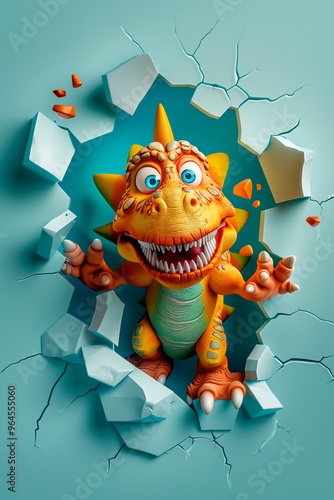 Cute cartoon colorful dinosaur break through 3d wal