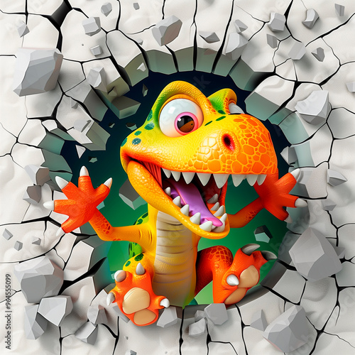 Cute cartoon colorful dinosaur break through 3d wal