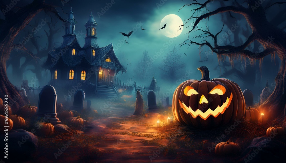 Fototapeta premium spooky Halloween atmosphere. In the middle of the background, there is a carved pumpkin with a scary face that glows orange, giving a mysterious feel.