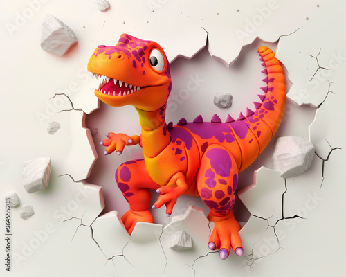 Cute cartoon colorful dinosaur break through 3d wal