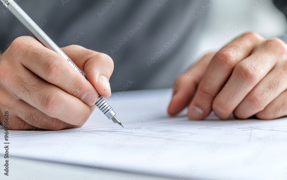 Engineer drawing technical designs on blueprints, close-up of hand and pen, detailed architectural plans, bright natural light, focused workspace, creative concept Engineer drawing technical designs on blueprints, close-up of hand and pen, detailed architectural plans, bright natural light, focused workspace, creative concept