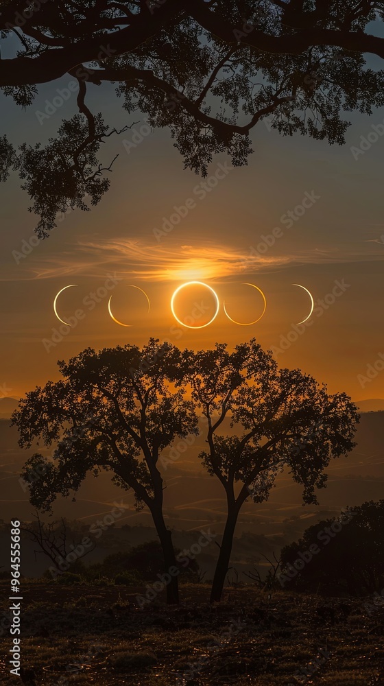 Fototapeta premium Solar eclipse phases against orange sunset sky