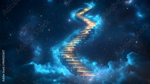 A spiral staircase made of light, ascending into a night sky full of stars, each step glowing faintly as it disappears into the cosmos
