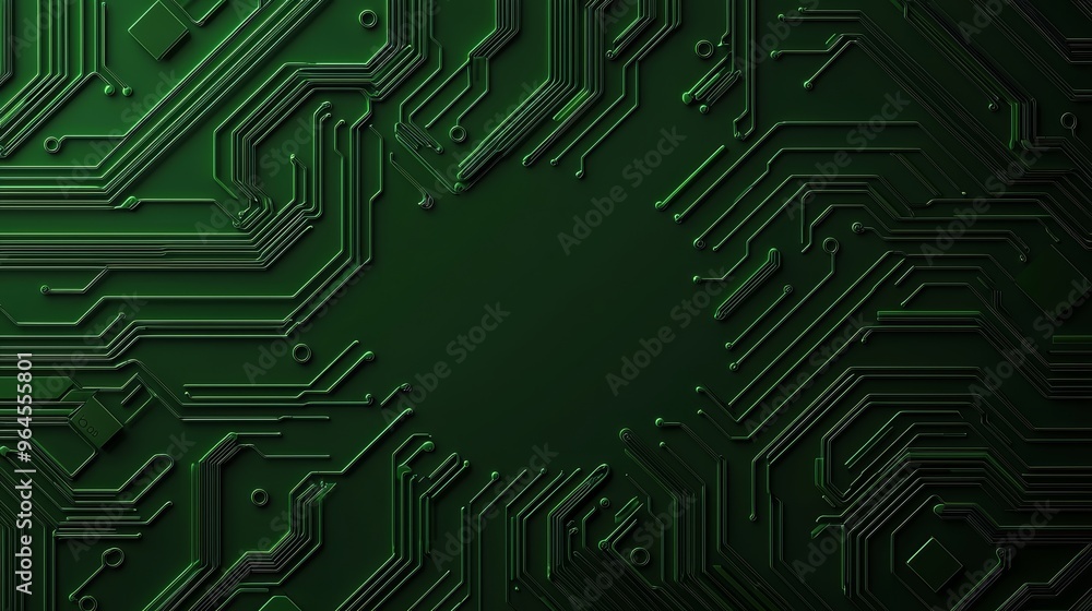 Neon green circuitry across a dark surface front view visualizing the core of modern technology systems futuristic tone analogous color scheme Neon green circuitry across a dark surface front view visualizing the core of modern technology systems futuristic tone analogous color scheme