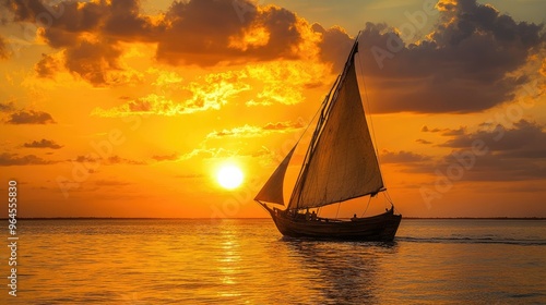 A traditional dhow sailing off the coast of Lamu, Kenya, against a backdrop of a setting sun. photo