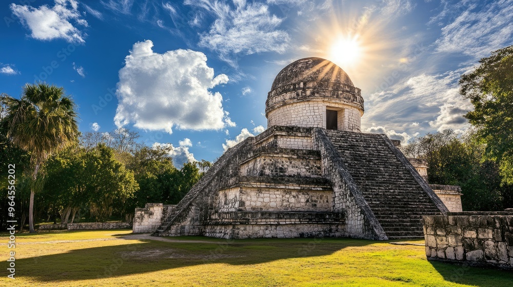 A view of Chichen Itza's observatory, El Caracol, with its unique circular design under a bright sky. A view of Chichen Itza's observatory, El Caracol, with its unique circular design under a bright sky.