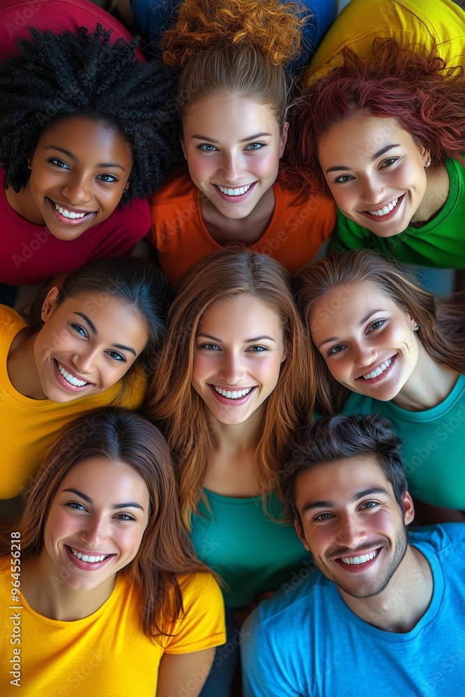 Diverse group of friends smiling joyfully while wearing colorful shirts. Diverse group of friends smiling joyfully while wearing colorful shirts.