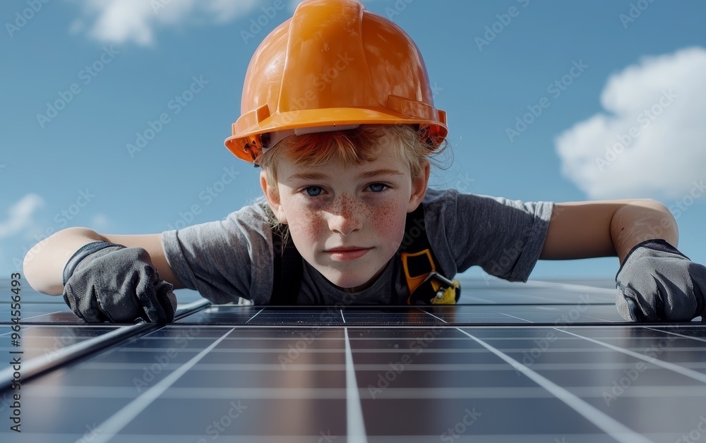 Solar energy technician adjusting panel connections, high-detail focus on installation, renewable energy technology, worker in hard hat and safety gear Solar energy technician adjusting panel connections, high-detail focus on installation, renewable energy technology, worker in hard hat and safety gear