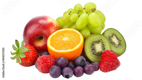 Fresh fruits :strawberries, apples,raspberry,blueberry, kiwi, oranges,cherries,pineapple, banana and grapes isolated on a transparent background.