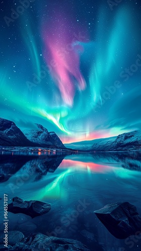 Vivid Northern Lights reflect over an icy lake.