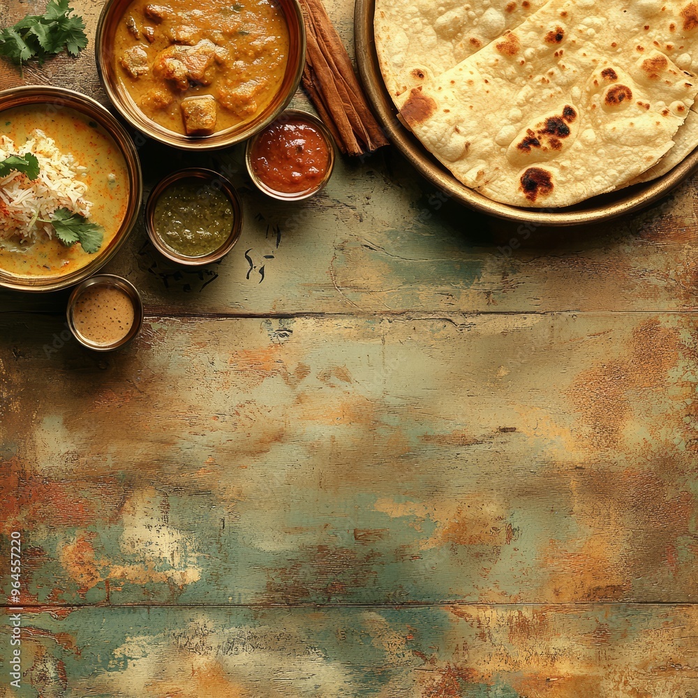 Indian food variety displayed with curry, naan, and sauces on rustic wooden table. Authentic flavors and traditional dishes. Indian food variety displayed with curry, naan, and sauces on rustic wooden table. Authentic flavors and traditional dishes.