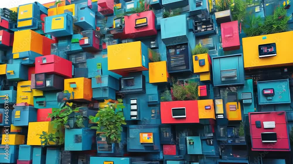 Colorful wall with cubes and plants, modern abstract design. Colorful wall with cubes and plants, modern abstract design.