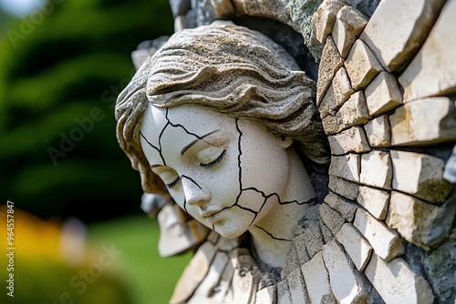 Stone angel, cracked and broken, yet still beautiful symbolizes resilience, standing strong despite the ravages of time photo