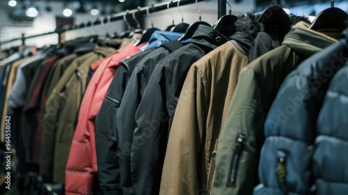 Row of jackets hanging on store rack. Concept Fashion Display, Clothing Boutique, Retail Shopping, Trendy Outerwear, Store Merchandise