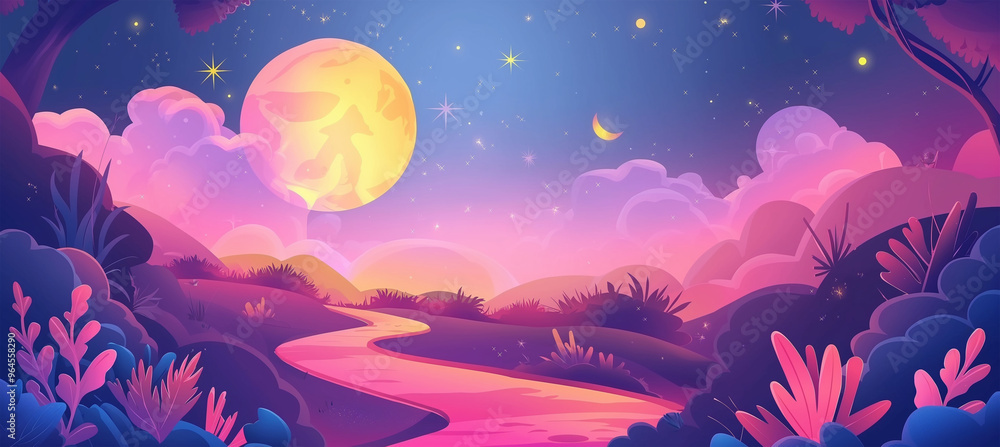 Fantasy pink planet surface with full moon, game background, Illustration Fantasy pink planet surface with full moon, game background, Illustration