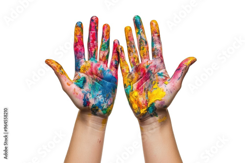 Messy hands covered in vibrant colorful paint on a transparent background. symbolizing creativity and artistic expression.