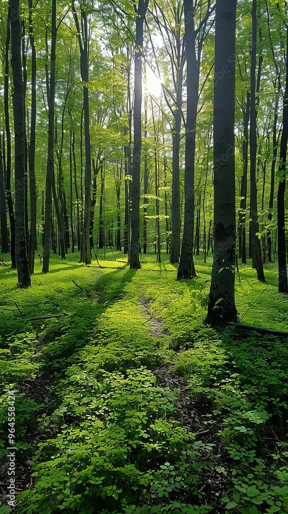 Fototapeta premium A sunlit green forest is filled with tall trees.