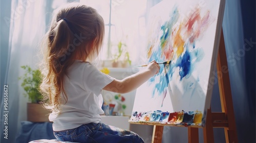Child painting on canvas, creative child painting artwork, young artist child painting at home, Inspiring young artist painting on a canvas in natural light