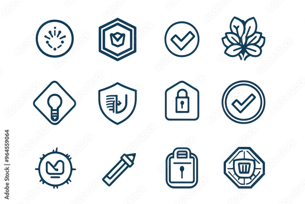 Set of 12 blue line icons representing security, tools, settings, and identification in a modern, minimalistic style. Set of 12 blue line icons representing security, tools, settings, and identification in a modern, minimalistic style.