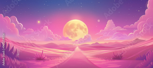 Fantasy pink planet surface with full moon, game background, Illustration