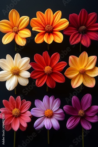 A vibrant assortment of colorful flowers arranged in a grid pattern.