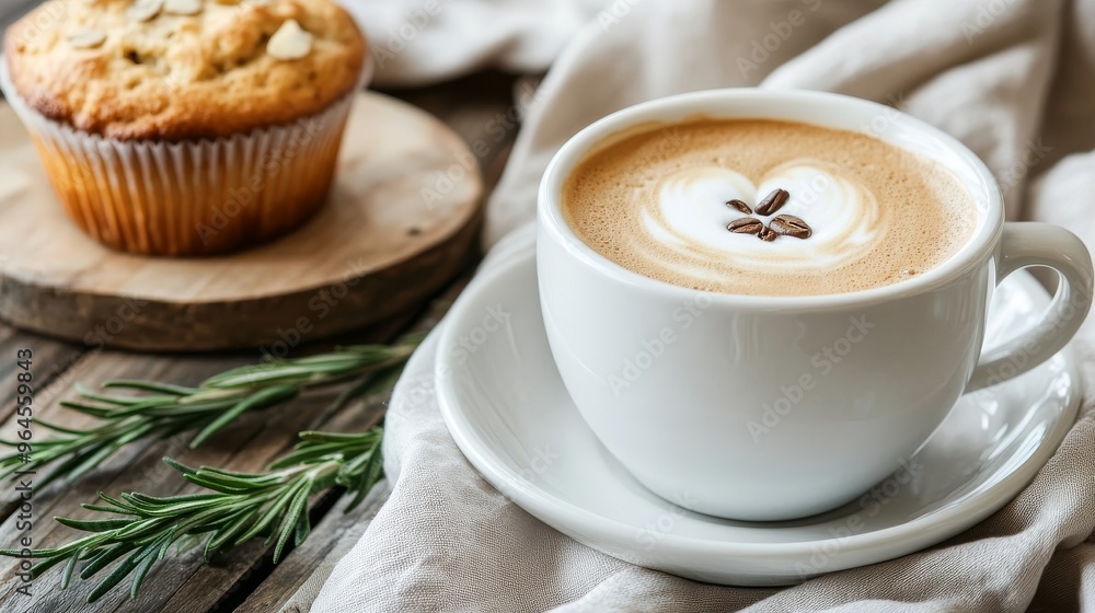 Hot coffee with muffin and rosemary Hot coffee with muffin and rosemary