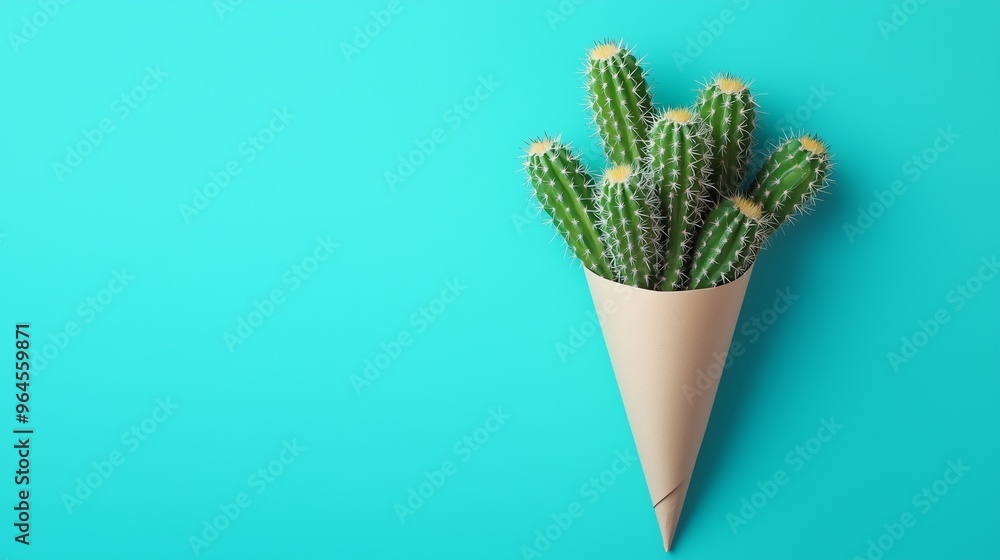 Green cactus bouquet on brown paper wrapped copy space background Green cactus bouquet on brown paper wrapped copy space background