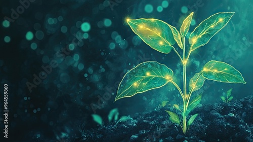 Abstract illustration of a genome-engineered plant seedling, featuring glowing vitamin-enriched leaves, symbolizing advancements in plant biotechnology.