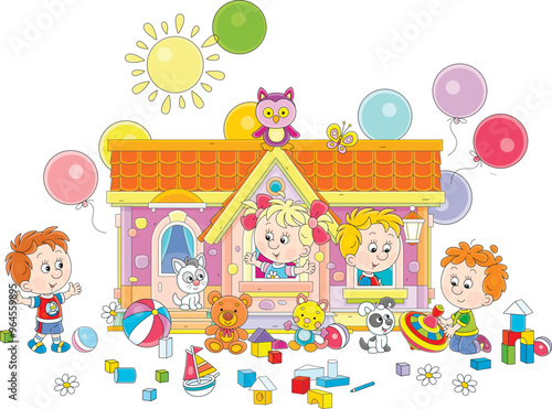 Happy little children with their funny kitten and puppy playing in a pretty toy house with colorful holiday balloons on a sunny playground, vector cartoon illustration on a white background