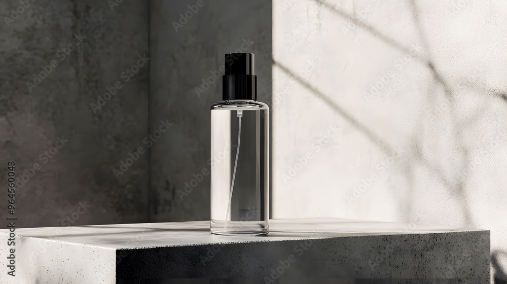 transparent spray bottle with a black cap, placed on a concrete platform with minimalistic lighting transparent spray bottle with a black cap, placed on a concrete platform with minimalistic lighting