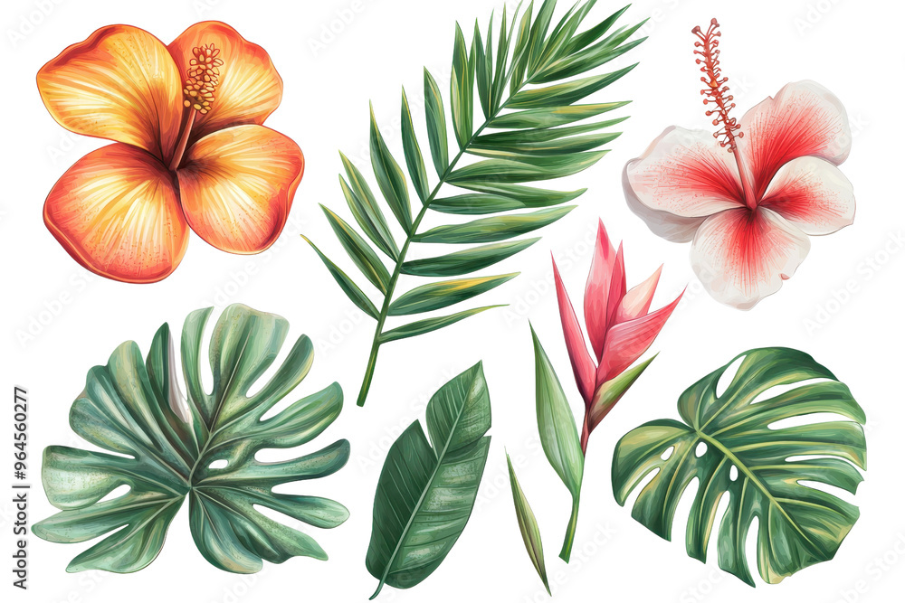 Naklejka premium Tropical floral and green leaves illustration, featuring vivid pink and orange hibiscus flowers, palm, and monstera leaves. Perfect for design use.