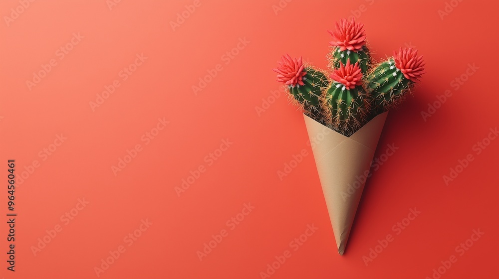 Green cactus bouquet with red flower on brown paper wrapped copy space background Green cactus bouquet with red flower on brown paper wrapped copy space background