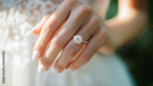 Close up hand of woman with wedding ring on finger, Elegant engagement diamond ring on woman finger Love and wedding concept