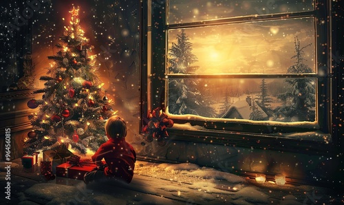 A boy under a Christmas tree