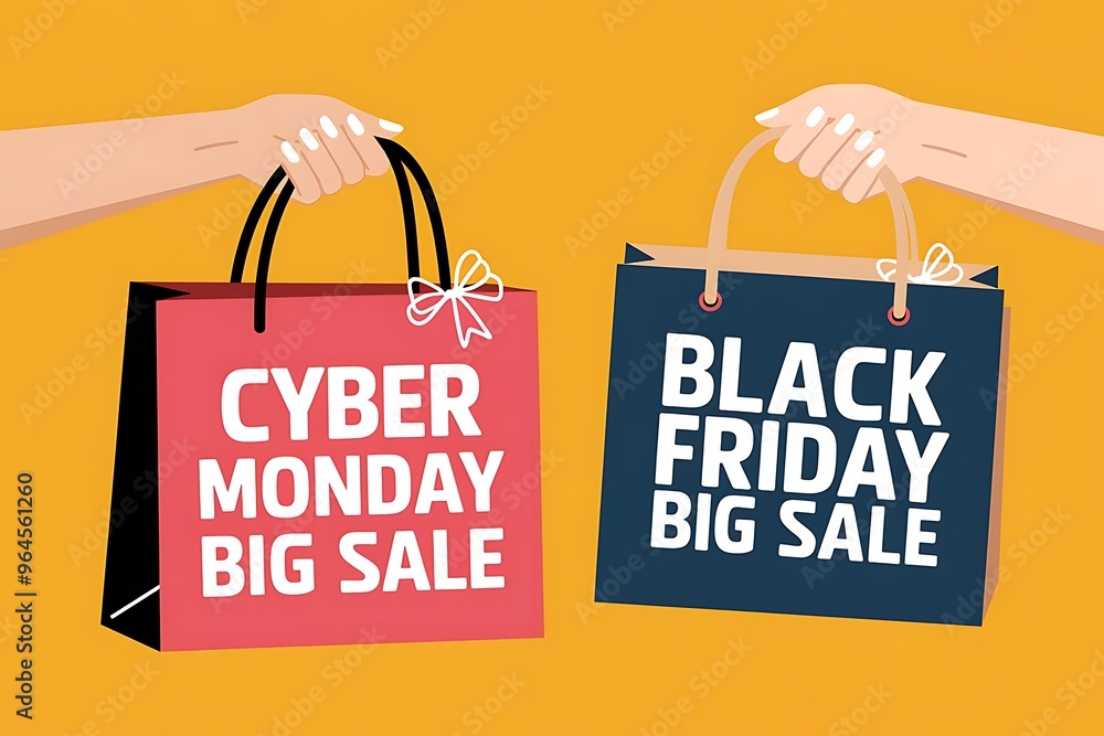 Bright Yellow Promotional Image Hands Holding Pink and Blue Shopping Bags for Cyber Monday and Black Friday Sales Bright Yellow Promotional Image Hands Holding Pink and Blue Shopping Bags for Cyber Monday and Black Friday Sales