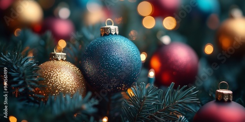 Close-up of colorful Christmas ornaments on a decorated tree with glowing lights.