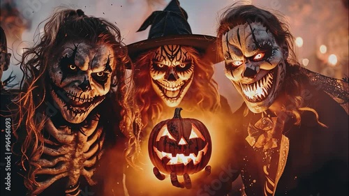 A nightmarish group of ghouls with glowing eyes and menacing grins, illuminated by the eerie light of a jack-o'-lantern.