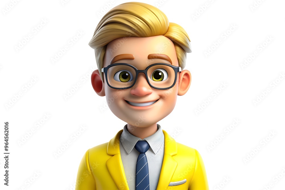 3D cartoon cartoon character with glasses in yellow blazer on white background 3D cartoon cartoon character with glasses in yellow blazer on white background