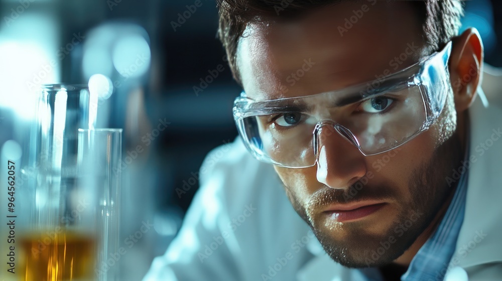 Confident male researcher in a high-tech laboratory, wearing safety glasses while conducting advanced scientific studies. Confident male researcher in a high-tech laboratory, wearing safety glasses while conducting advanced scientific studies.