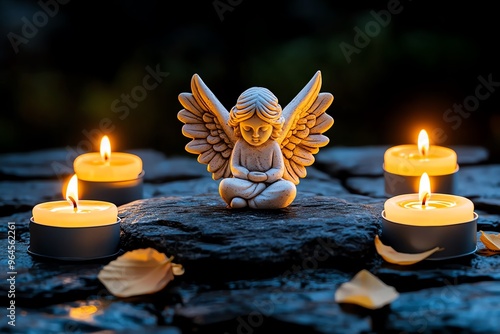 Stone angel, surrounded by candles, glowing in the night creates a sacred and comforting atmosphere as the flickering flames illuminate its form photo