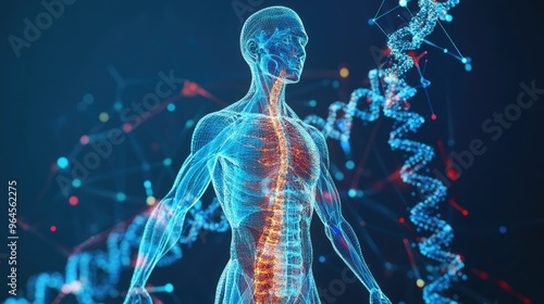 Fototapeta Naklejka Na Ścianę i Meble -  Digital anatomy of the human body, featuring a 3D model with visible DNA strands, highlighting biotech advances in healthcare.