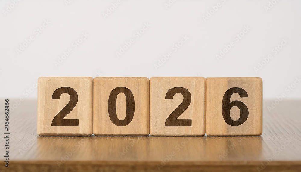 Wooden cubes with number 2026 on wooden table, white wall. New Year. Wooden cubes with number 2026 on wooden table, white wall. New Year.