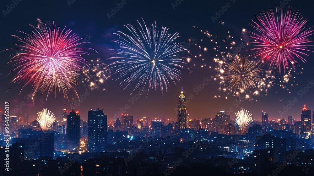 Fireworks lighting up the night sky over a cityscape, symbolizing joyful and patriotic Independence Day celebrations. Fireworks lighting up the night sky over a cityscape, symbolizing joyful and patriotic Independence Day celebrations.