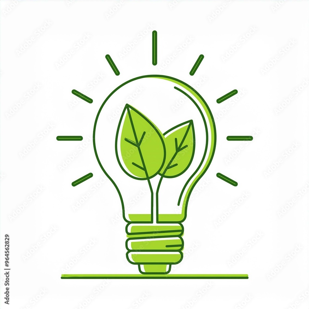 Green contour of shining electric light bulb with green leaf. Isolated on White. Flat outline icon. Vector illustration. Go green. Eco friendly. World environment day Green contour of shining electric light bulb with green leaf. Isolated on White. Flat outline icon. Vector illustration. Go green. Eco friendly. World environment day